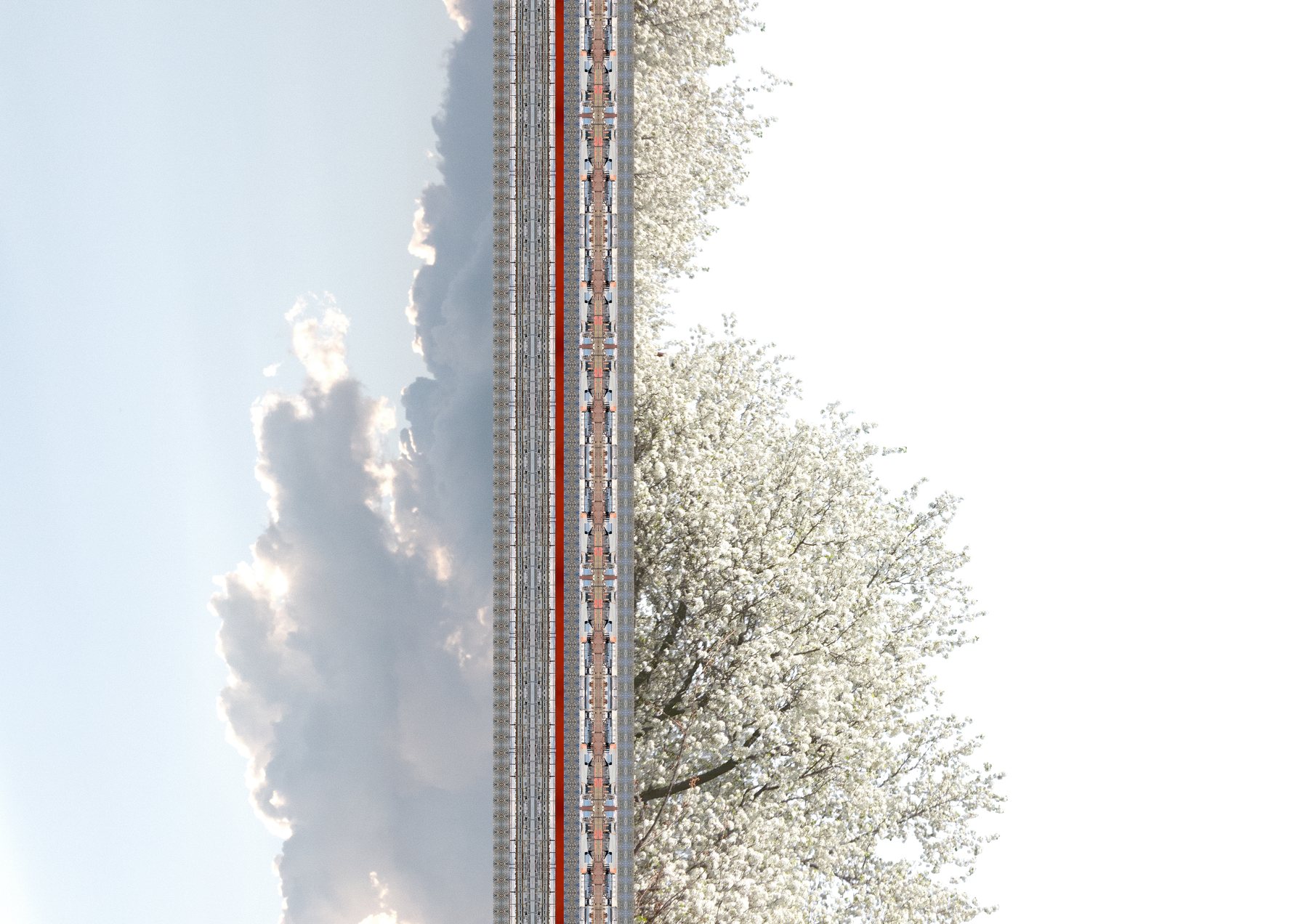 A gray-white thundercloud on one side and a white-blossoming tree with dark branches on the other, joined by a column of gray pinstripes, a deep red rule and a compressed strip of mirrored brick facade against a near-white sky.
