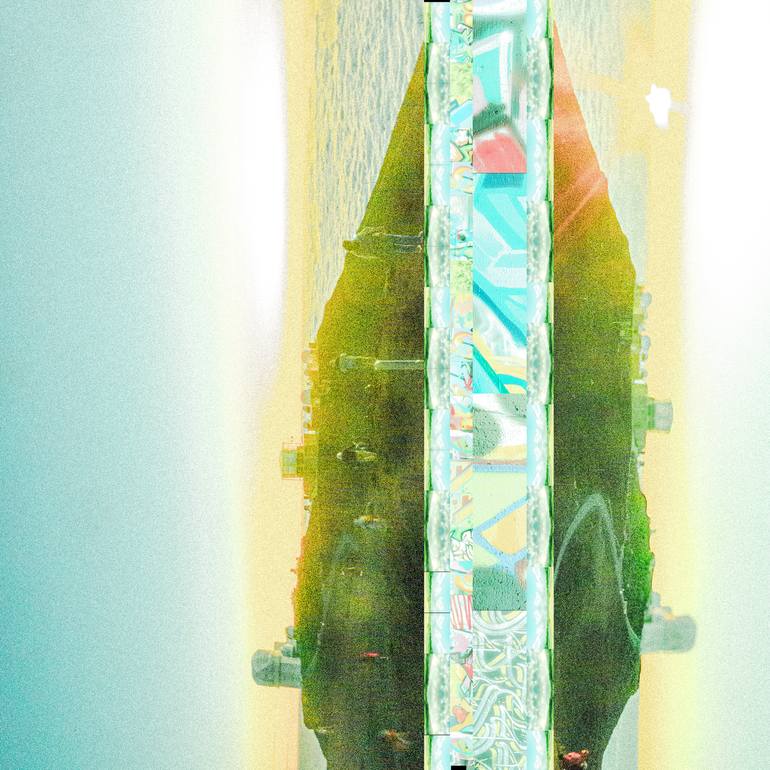 A mirrored dark olive-green hillside against a bleached cream and pale aqua field, joined by a column of small photographs of turquoise, coral and cream boat hulls set between narrow white ornamental rules.